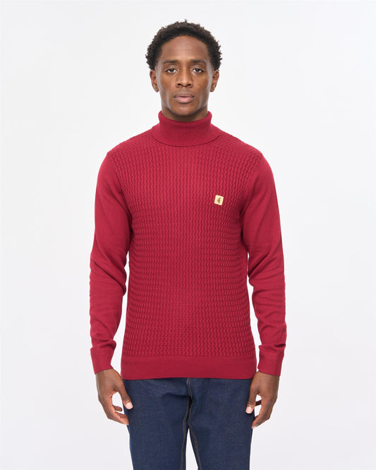 V57GM14 Mens Leonardo Long Sleeve Cable Knit Polo Gabicci Vintage - CLARET