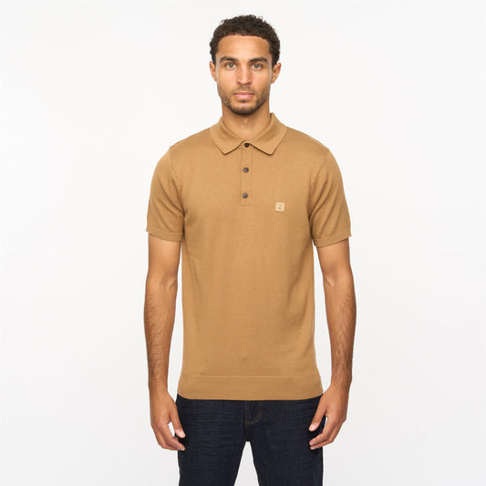 V55GK04 Mens Jackson Short Sleeve Plain Knitted Three Button Polo Gabicci Vintage - NUTMEG
